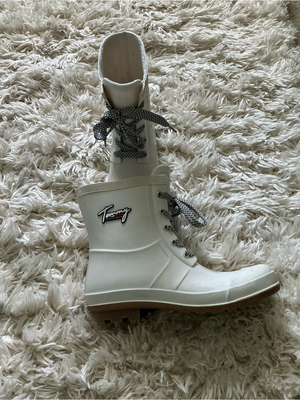 Tommy Hilfiger Cream Lace-Up Rubber Rain Boot with Tan Sole